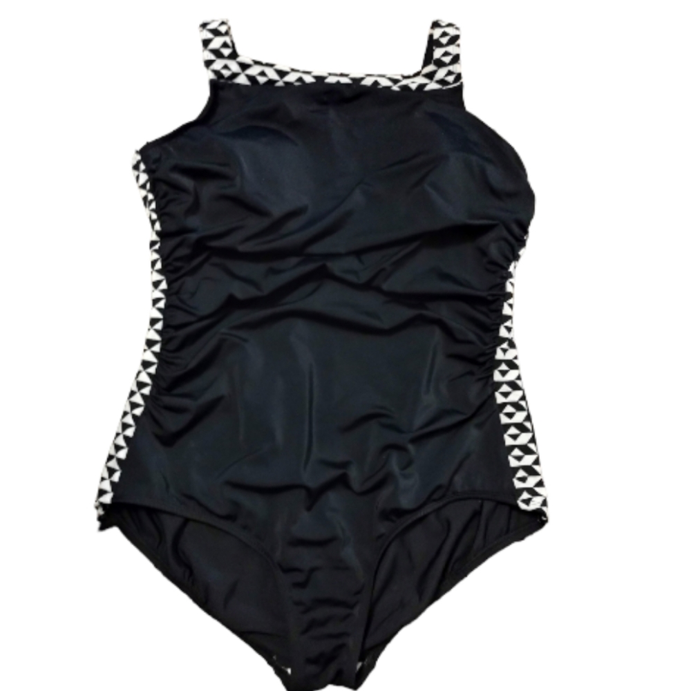 Reebok Black & White Geometric Squares Neck One Piece Swimsuit Size 18